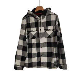 Ecko Unltd. Sherpa Lined Flannel Varsity Jacket Shacket‎ Black White Check Med.